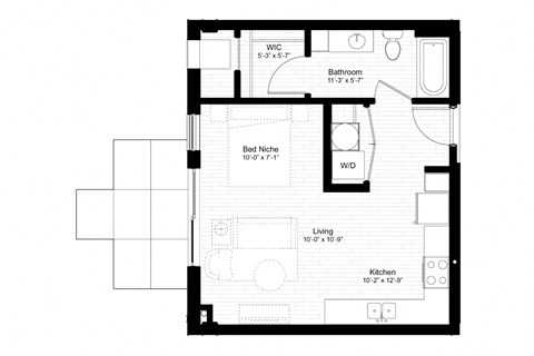 Floor plan for studio, 1 bath, 528 sqft